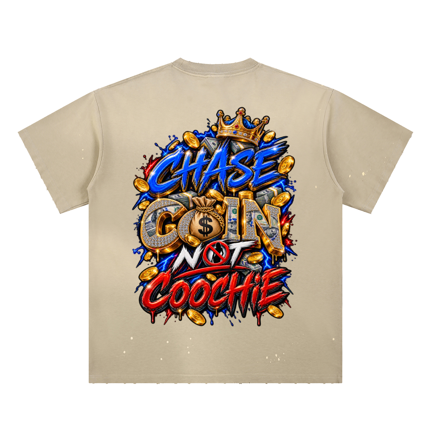 Damagd Goodz Hand-Frayed Sunfade Paint Splatter Chase Money Not Coochie T-Shirt