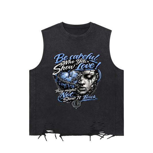 Damagd Goodz Snow Washed Raw-Hem Blue Show No Love Tank Top