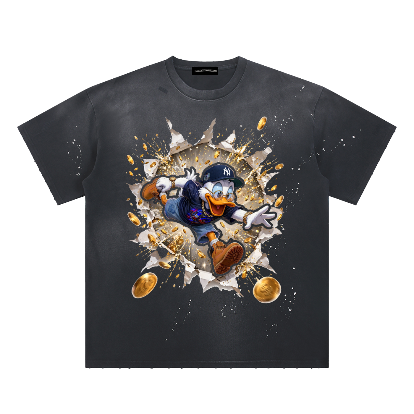 Damagd Goodz Hand-Frayed Sunfade Paint Splatter Chase Money Not Coochie T-Shirt