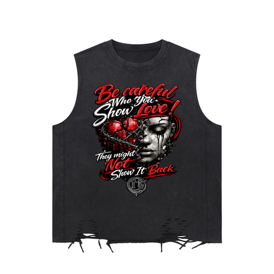 Damagd Goodz Snow Washed Oversized Raw-Hem Red Show No Love  Tank Top