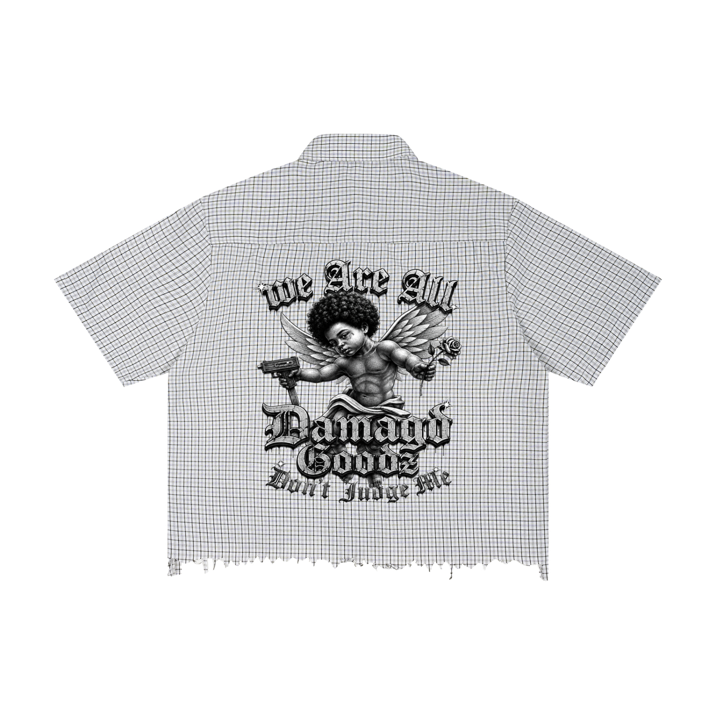 Damagd Goodz Unisex Distressed Plaid Boxy " Don’t Judge" Me  Shirt