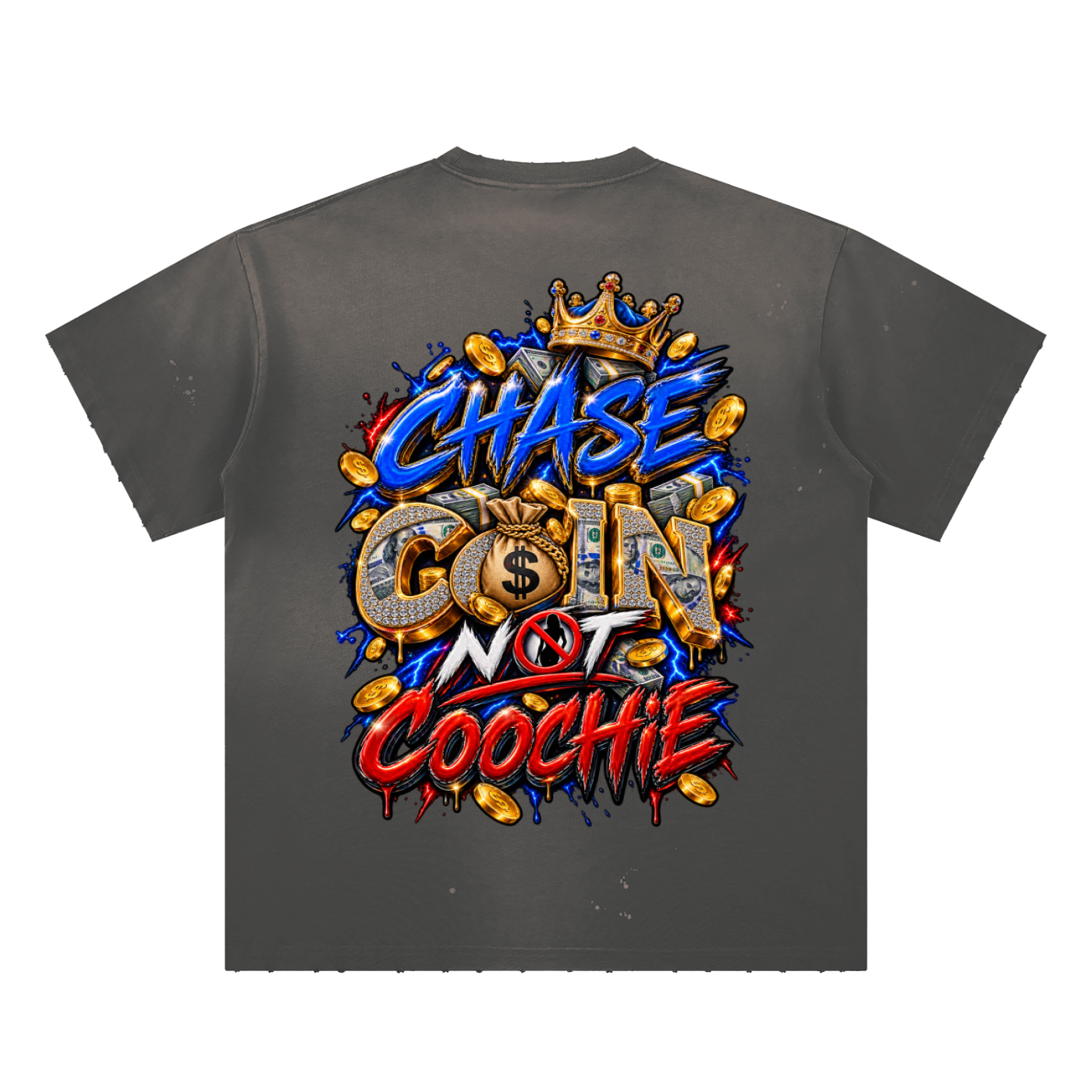 Damagd Goodz Hand-Frayed Sunfade Paint Splatter Chase Money Not Coochie T-Shirt